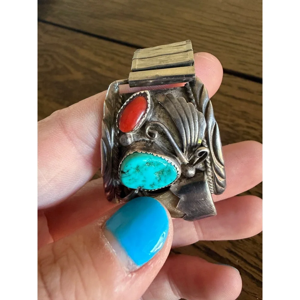 Vintage Navajo Sterling Silver Turquoise Coral Bear Claw Watch Band Old Pawn DDC